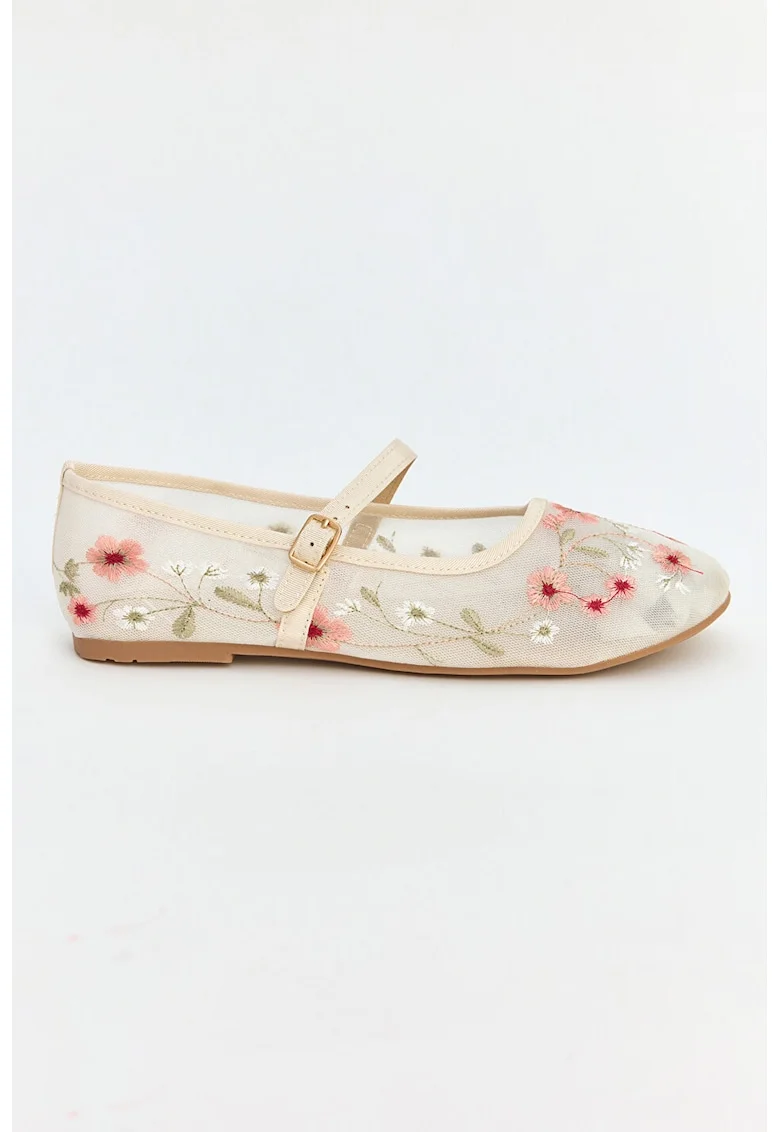Balerini Mary Jane cu broderie florala, Roz deschis/Bej deschis