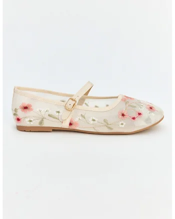 Balerini Mary Jane cu broderie florala, Roz deschis/Bej deschis