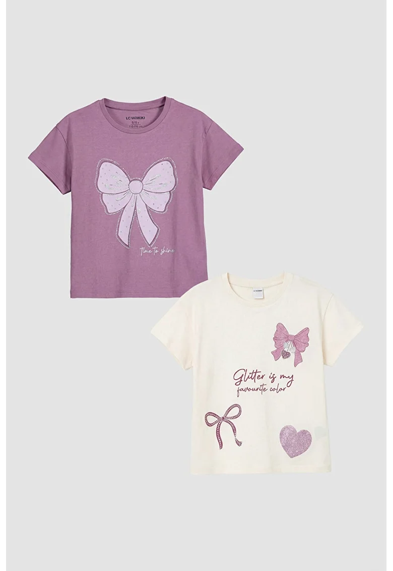 Set de tricouri din bumbac cu imprimeu - 2 piese, Lila/Bej deschis