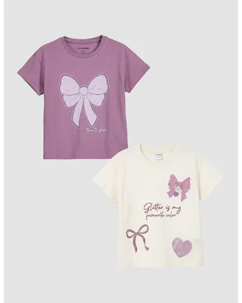 Set de tricouri din bumbac cu imprimeu - 2 piese, Lila/Bej deschis