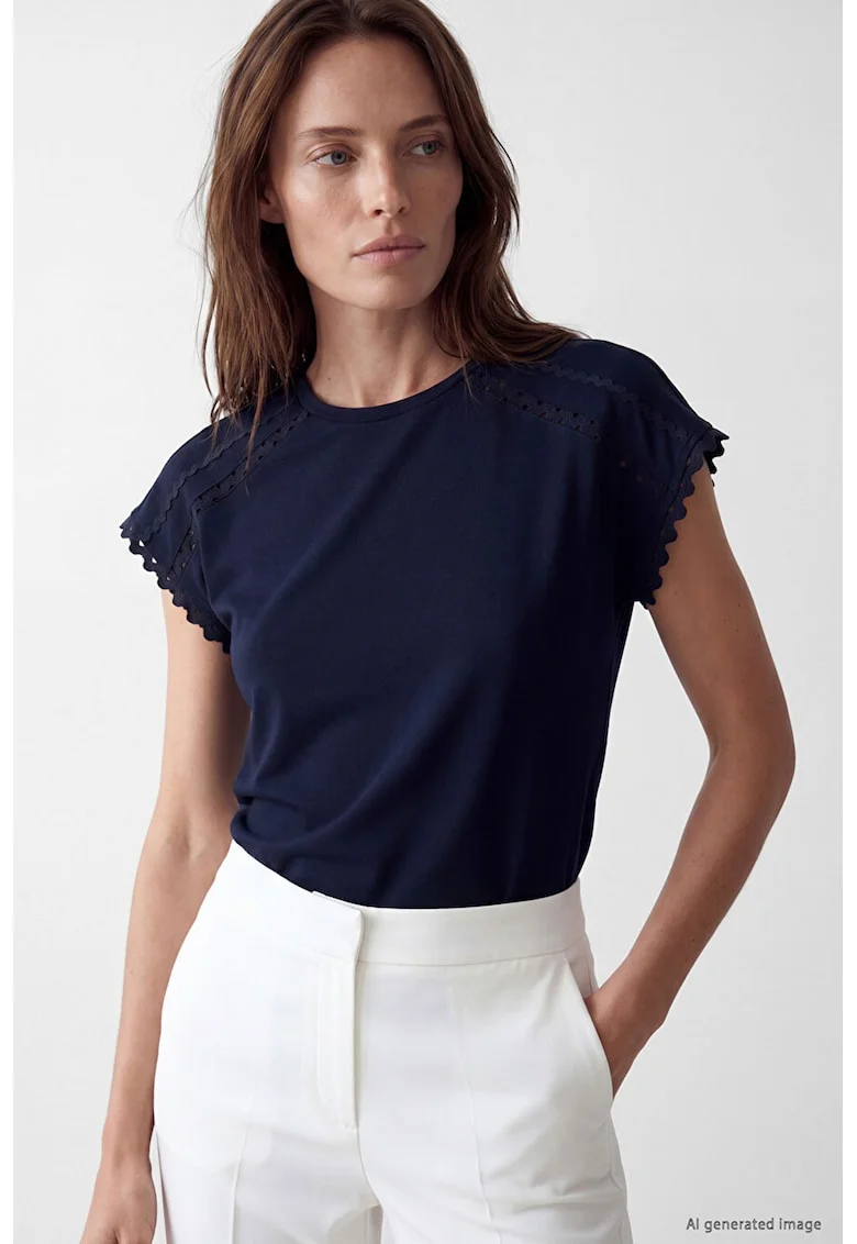 Tricou uni cu detalii brodate, Albastru ultramarin