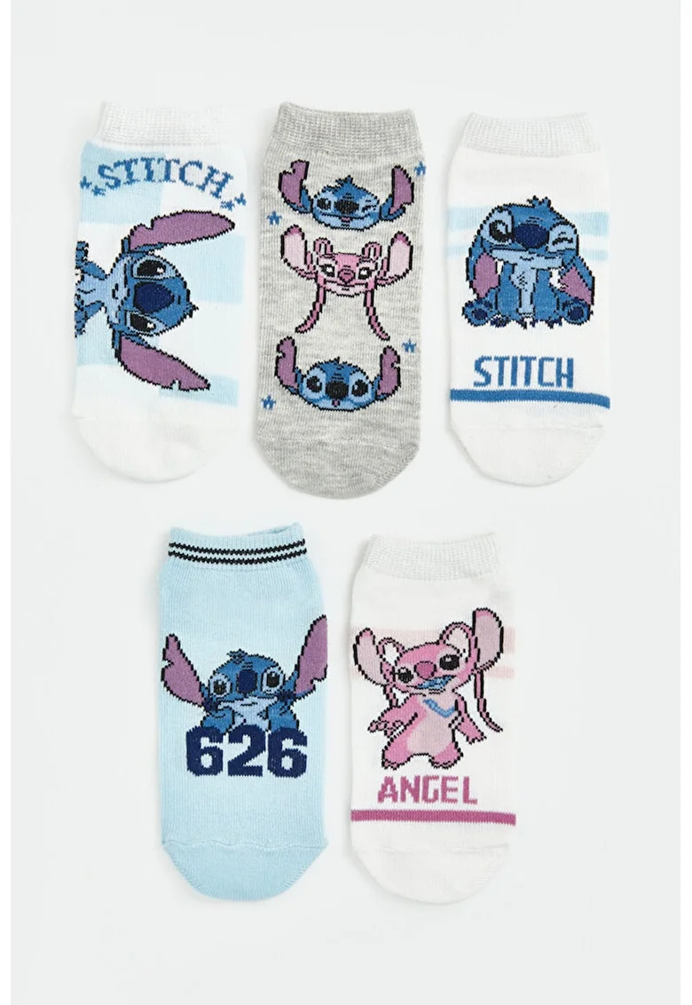 Set de 5 perechi de sosete pana la glezna cu Stitch, Alb/Albastru pastel/Gri deschis