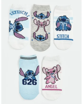 Set de 5 perechi de sosete pana la glezna cu Stitch, Alb/Albastru pastel/Gri deschis