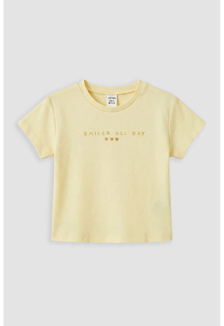 Tricou cu imprimeu text si aspect stralucitor, Galben pastel