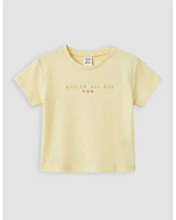 Tricou cu imprimeu text si aspect stralucitor, Galben pastel