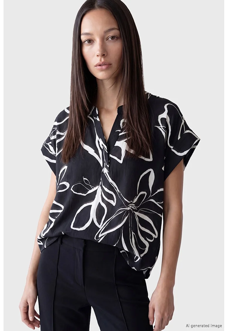 Bluza lejera cu model floral, Alb/Negru