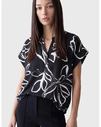 Bluza lejera cu model floral, Alb/Negru