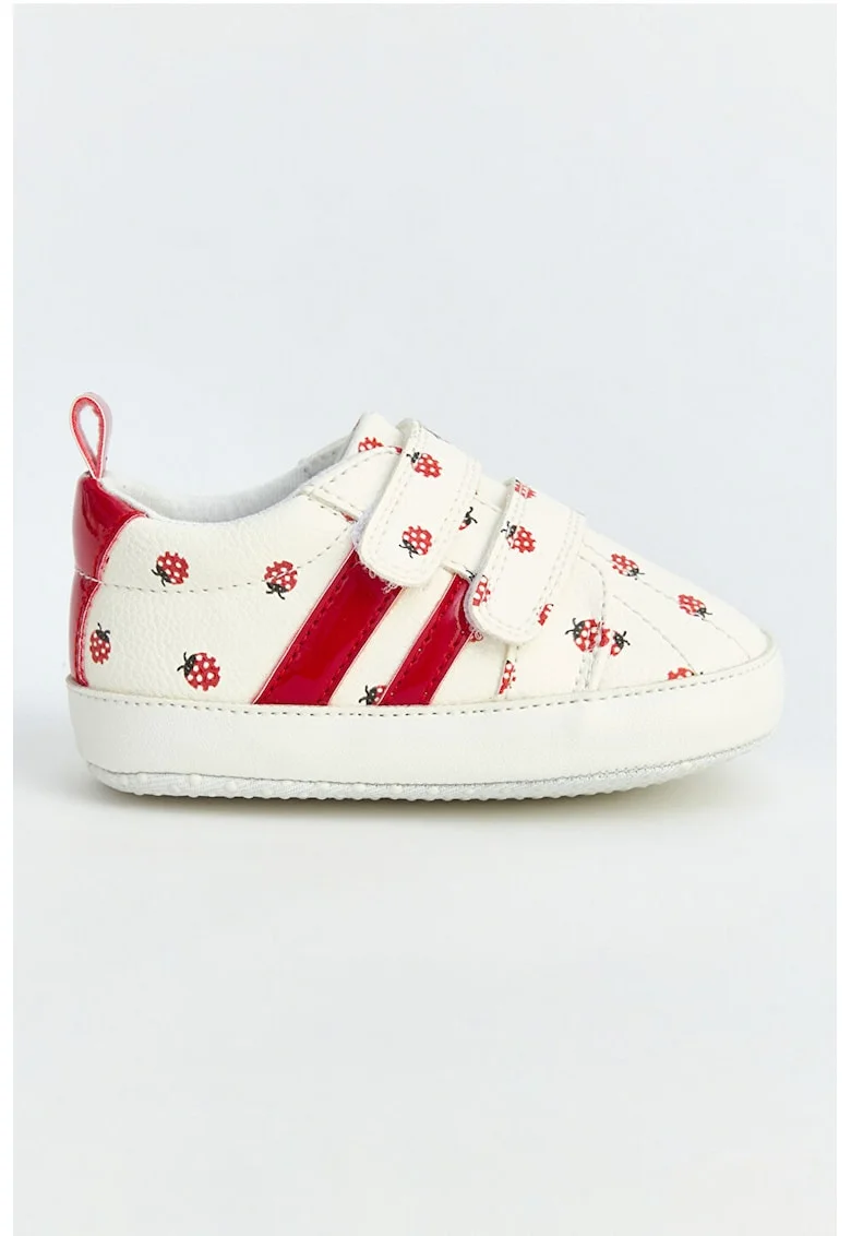 Pantofi sport din piel ecologica cu velcro, Alb fildes/Rosu cireasa
