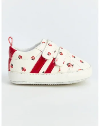 Pantofi sport din piel ecologica cu velcro, Alb fildes/Rosu cireasa