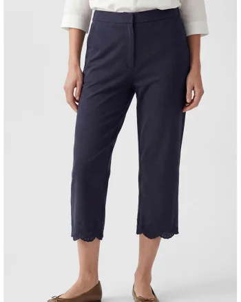 Pantaloni cu talie inalta si terminatie valurita, Bleumarin