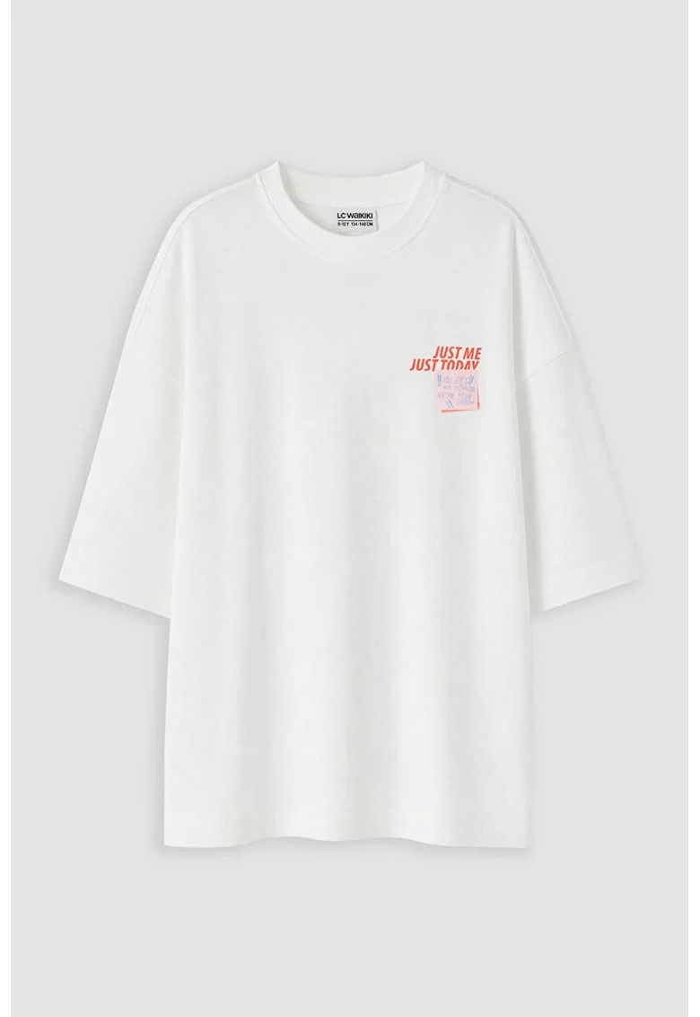 Tricou cu decolteu la baza gatului si imprimeu pe partea din spate, Alb/Roz deschis