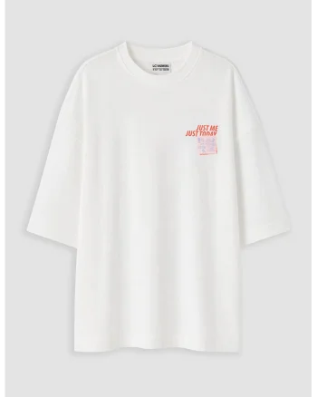 Tricou cu decolteu la baza gatului si imprimeu pe partea din spate, Alb/Roz deschis