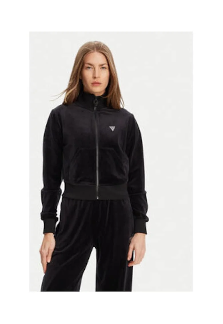 Bluza de trening cu fermoar, aspect de catifea si guler inalt, Negru
