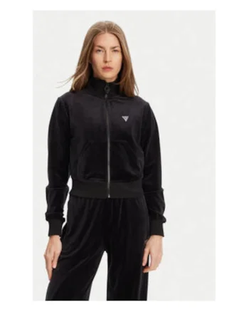 Bluza de trening cu fermoar, aspect de catifea si guler inalt, Negru