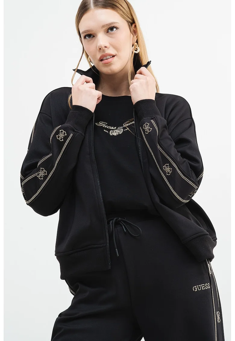 Bluza de trening cu fermoar si imprimeu logo discret, Negru