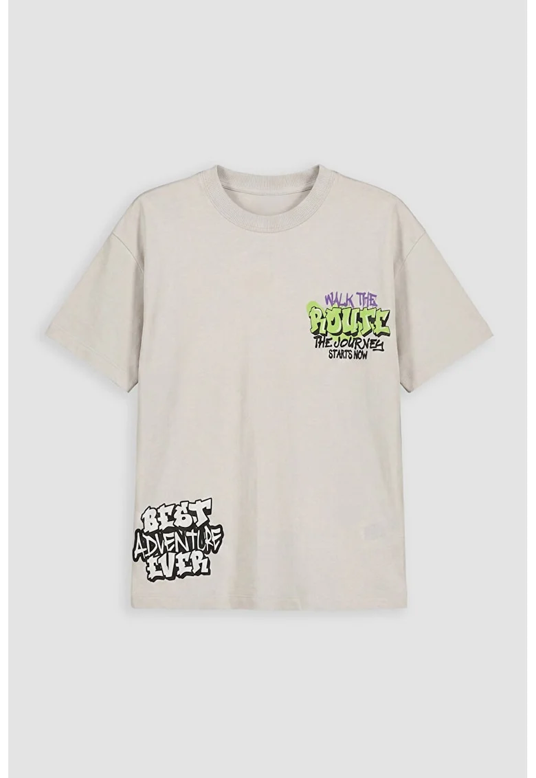 Tricou cu decolteu la baza gatului si imprimeu grafic, Alb/Bej