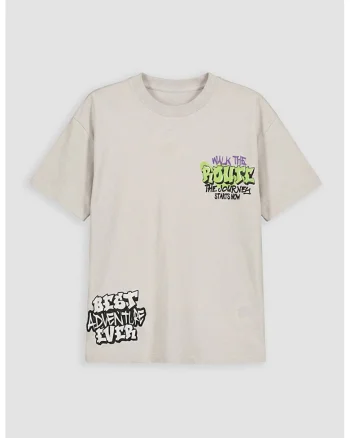 Tricou cu decolteu la baza gatului si imprimeu grafic, Alb/Bej