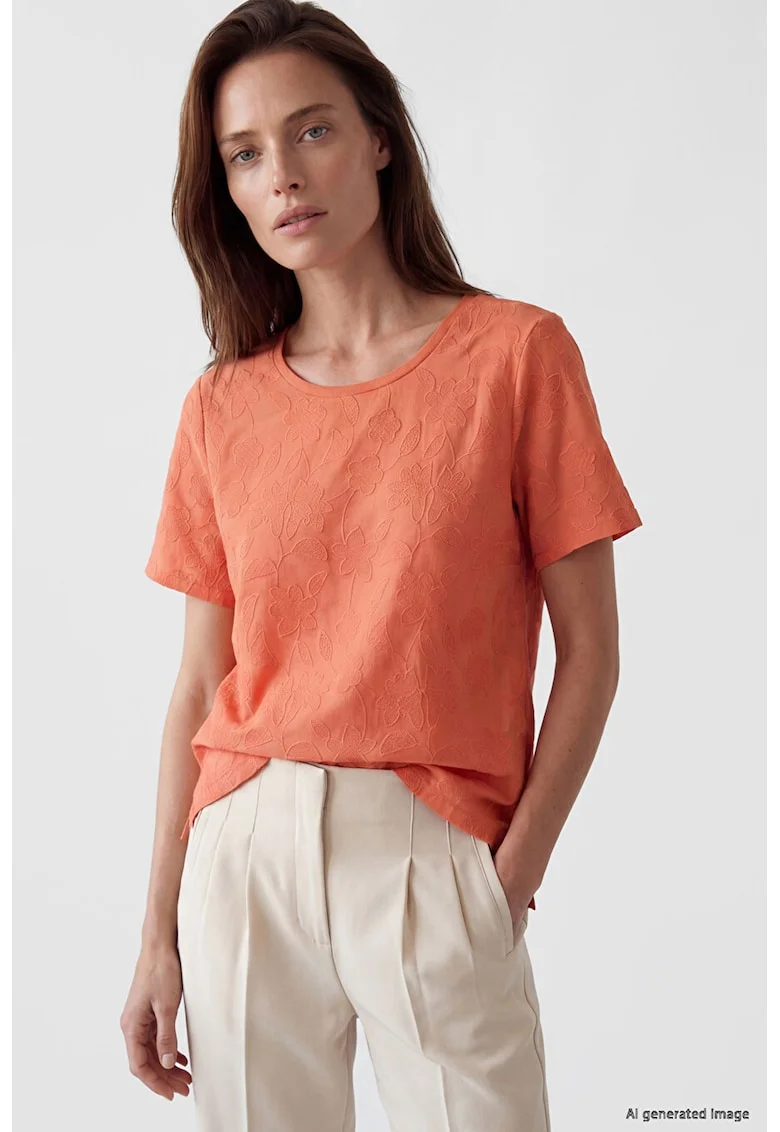 Tricou din bumbac cu flori brodate, Portocaliu dovleac