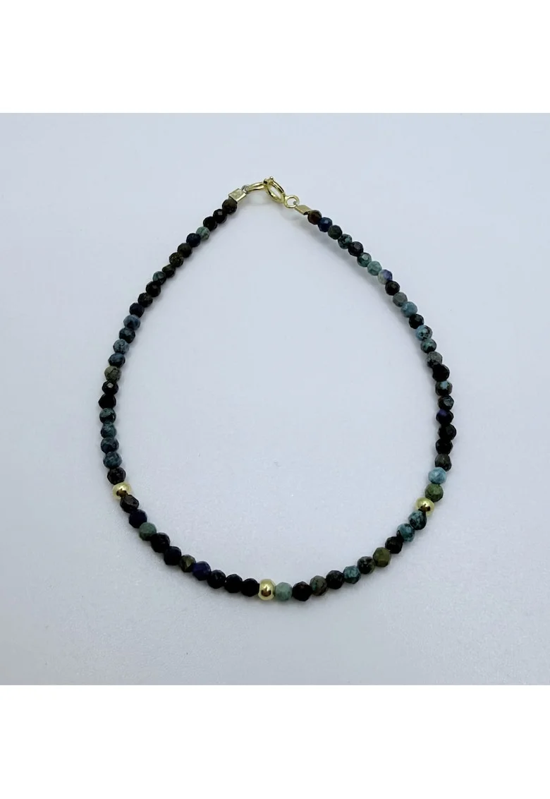 Bratara handmade, realizat din pietre semipretioase Crisocola, bile argint placat cu aur 14K, accesorii inchidere argint plcat cu aur 14K, lungime:19 cm