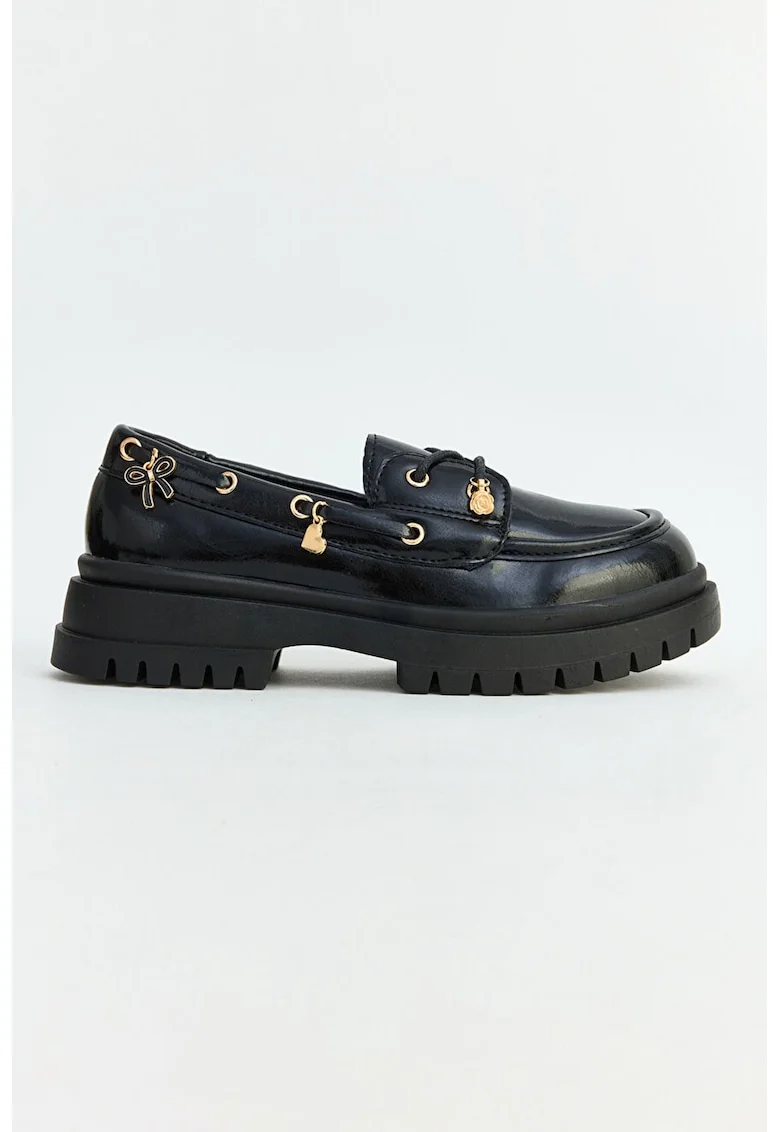 Pantofi boat din piele ecologica cu aplicatii metalice, Negru