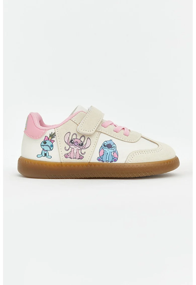 Pantofi sport din piele ecologica cu imprimeu Stitch, Alb murdar/Bej deschis