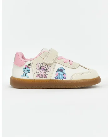 Pantofi sport din piele ecologica cu imprimeu Stitch, Alb murdar/Bej deschis