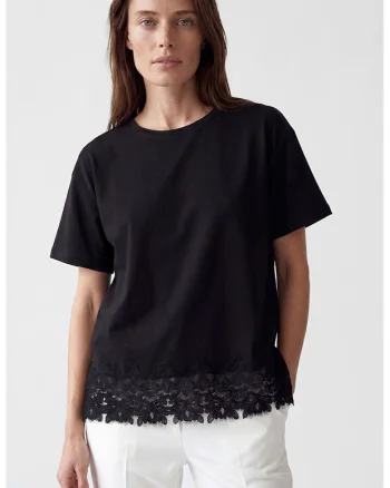 Tricou regular-fit cu terminatie crosetata din dantela, Negru