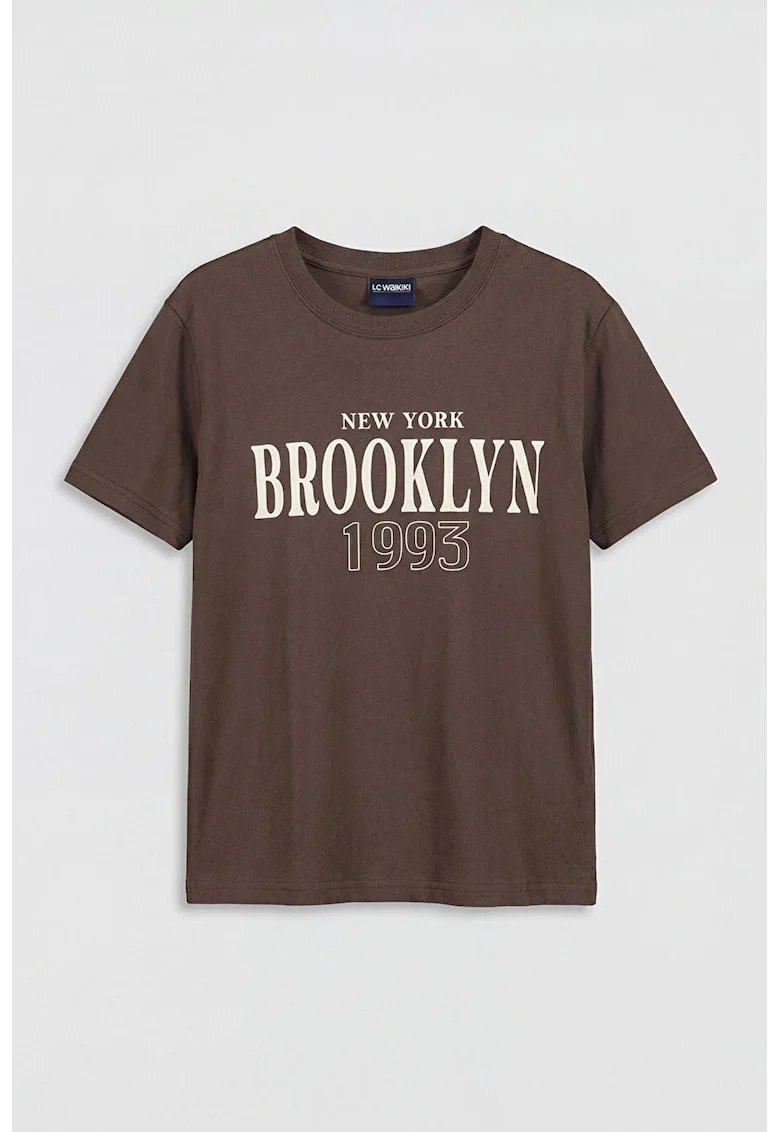 Tricou din bumbac cu imprimeu text, Bej deschis/Maro pamantiu