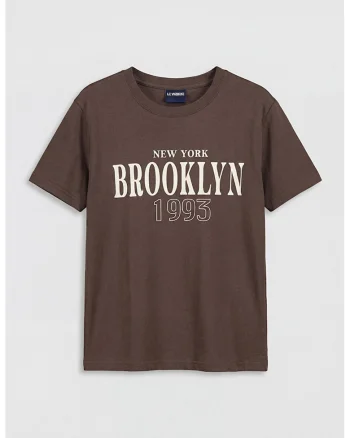 Tricou din bumbac cu imprimeu text, Bej deschis/Maro pamantiu