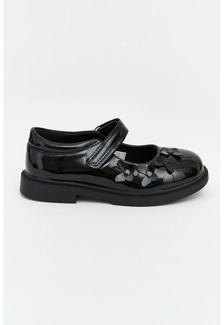 Pantofi Mary Jane cu aspect lacuit si aplicatii florale, Negru