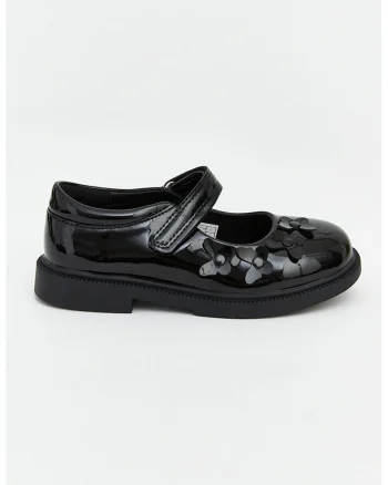 Pantofi Mary Jane cu aspect lacuit si aplicatii florale, Negru