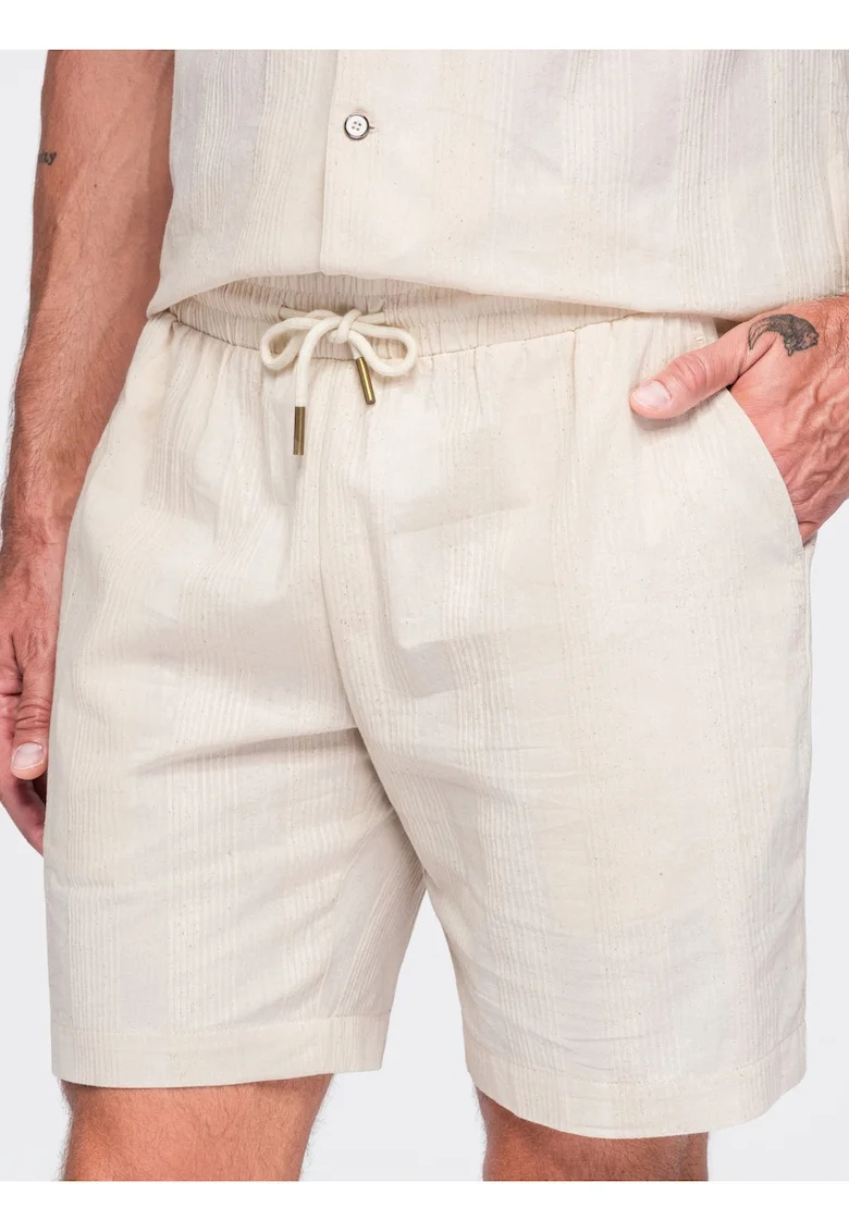 Pantaloni scurti barbati din bumbac, croi regulat, cu talie ajustabila OM-SRCS-0209, Crem,