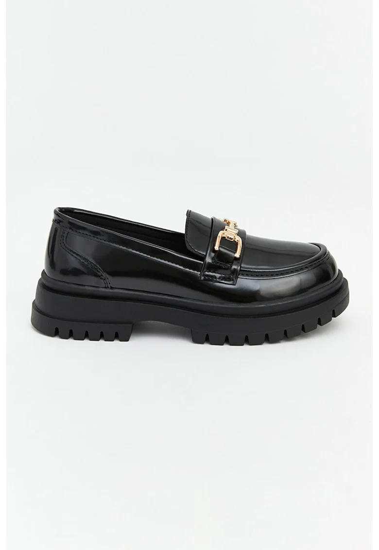 Pantofi loafer din piele ecologica cu aplicatie metalica, Negru