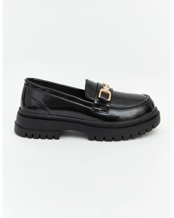Pantofi loafer din piele ecologica cu aplicatie metalica, Negru
