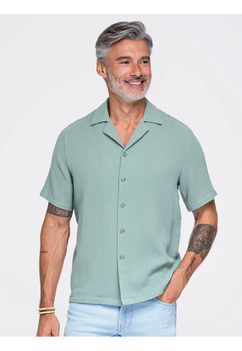 Camasa barbati cu croi boxy, maneci scurte, din muslin 100% bumbac OM-SHSS-0223, Verde