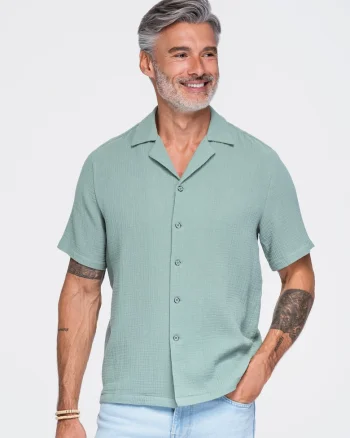 Camasa barbati cu croi boxy, maneci scurte, din muslin 100% bumbac OM-SHSS-0223, Verde
