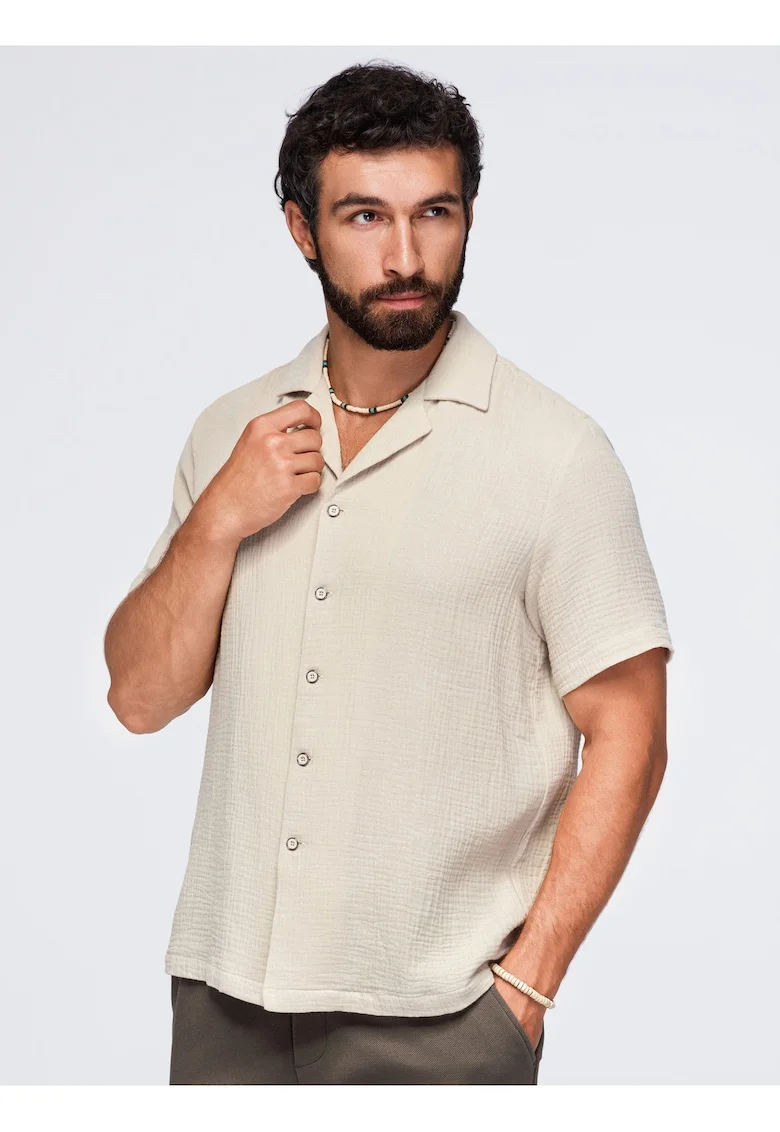 Camasa barbati cu croi boxy, maneci scurte, din muslin 100% bumbac OM-SHSS-0223, Bej