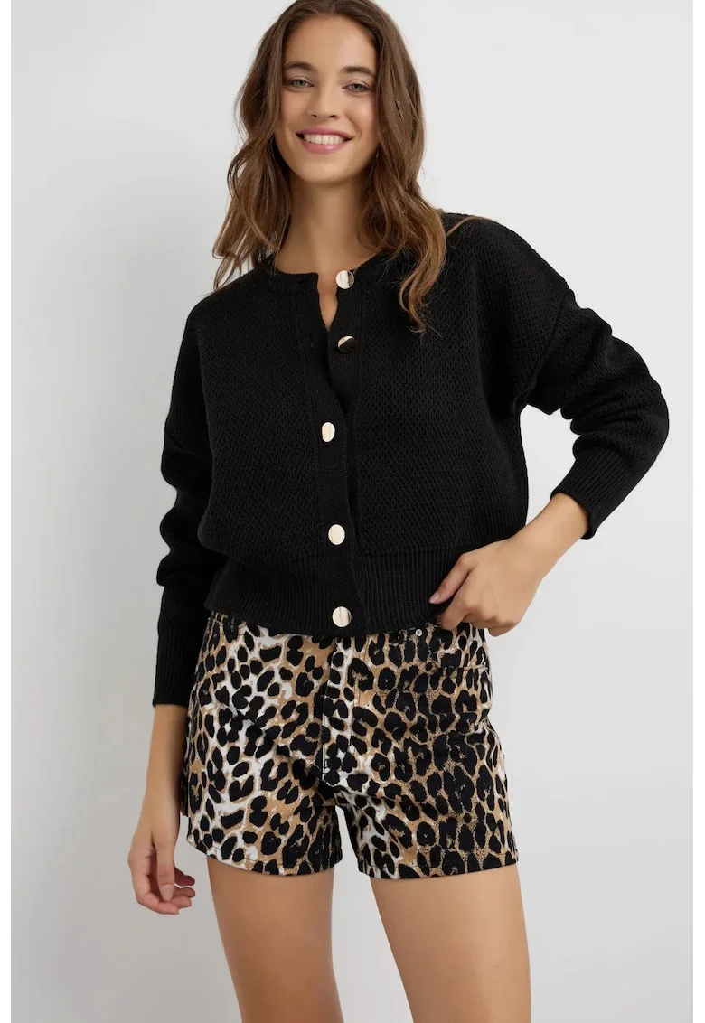 Cardigan  texturat cu nasturi, negru, tricot