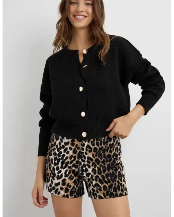 Cardigan  texturat cu nasturi, negru, tricot