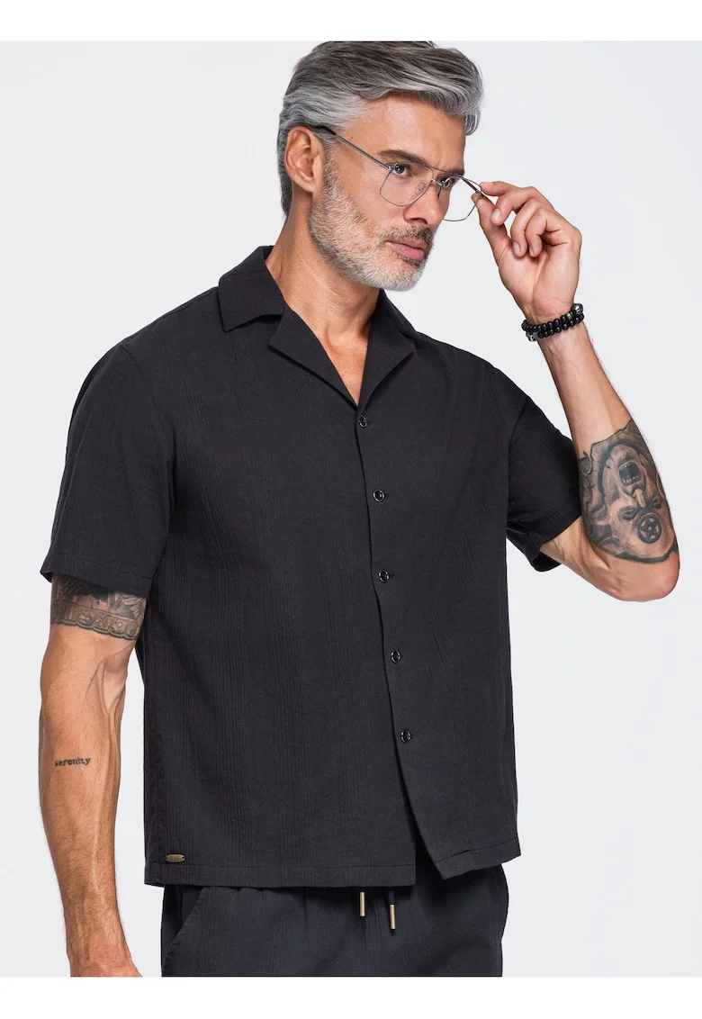 Camasa barbati cu maneca scurta din bumbac, croi boxy, guler cubano OM-SHSS-0221, Negru,