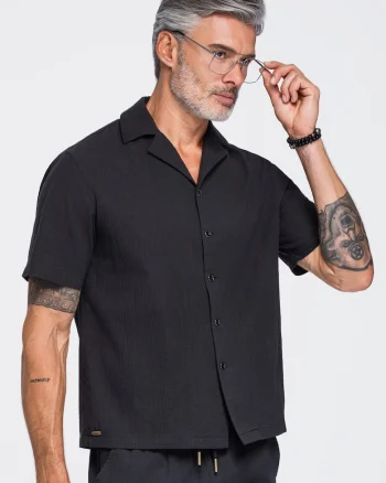 Camasa barbati cu maneca scurta din bumbac, croi boxy, guler cubano OM-SHSS-0221, Negru,