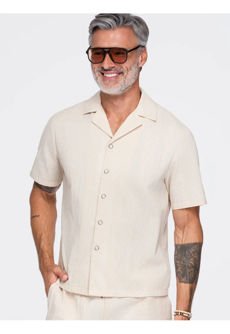 Camasa barbati cu maneca scurta din bumbac, croi boxy, guler cubano OM-SHSS-0221, Crem,