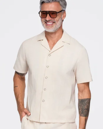 Camasa barbati cu maneca scurta din bumbac, croi boxy, guler cubano OM-SHSS-0221, Crem,