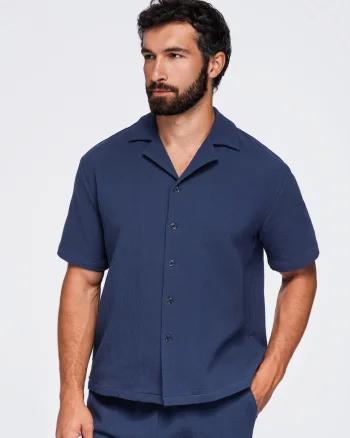 Camasa barbati din bumbac, croi boxy, guler tip kubano, maneca scurta OM-SHSS-0220, Bleumarin,
