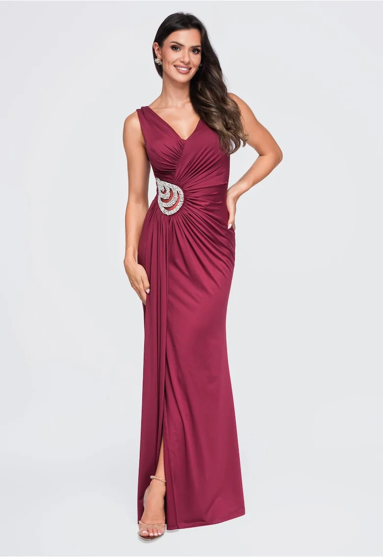 Rochie maxi dama, decolteu in V, fara maneci, cu detalii stralucitoare LA-OM-DLR417, Bordo,