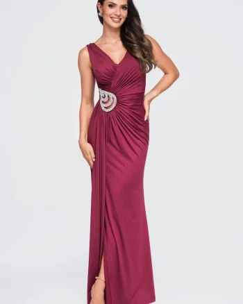 Rochie maxi dama, decolteu in V, fara maneci, cu detalii stralucitoare LA-OM-DLR417, Bordo,