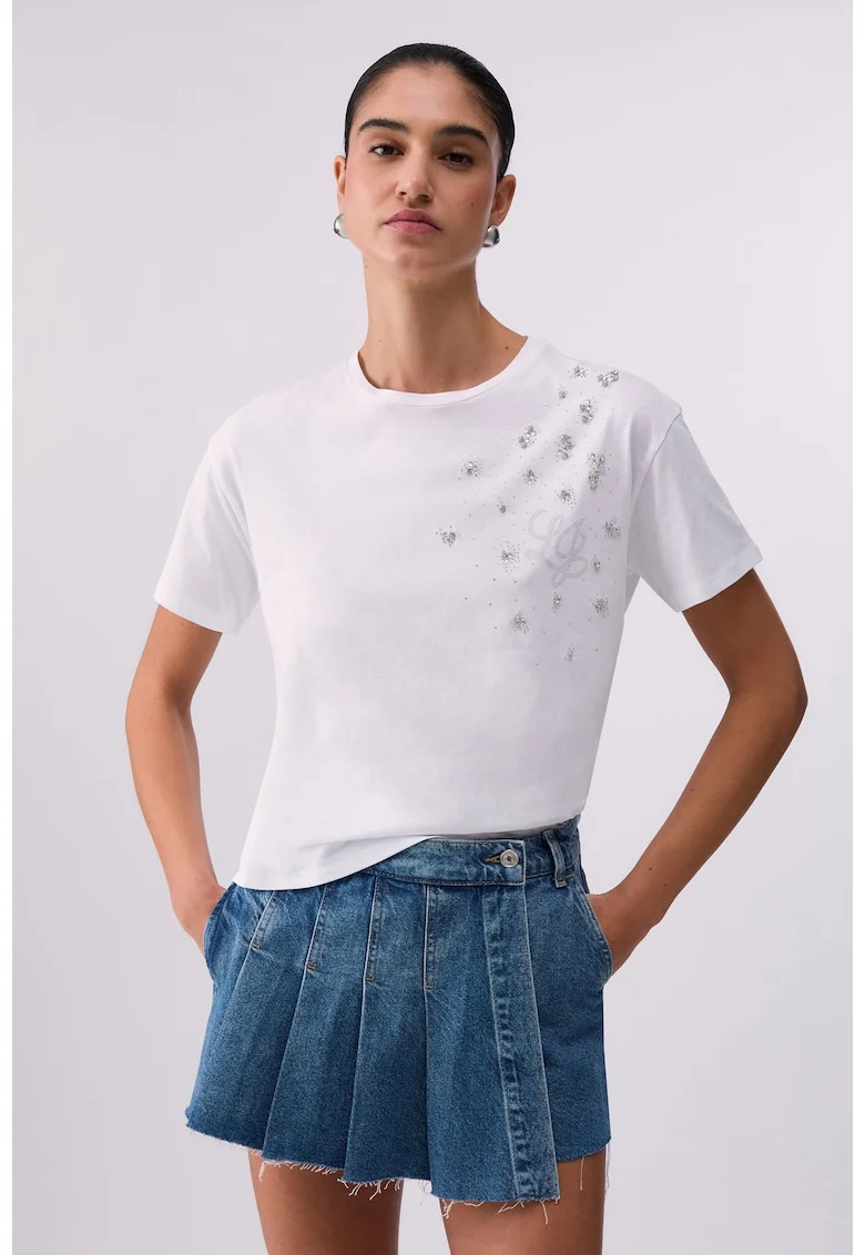 Tricou de bumbac cu logo cu strasuri, Alb/Transparent