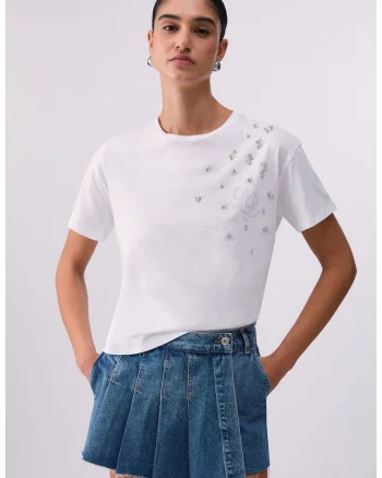 Tricou de bumbac cu logo cu strasuri, Alb/Transparent