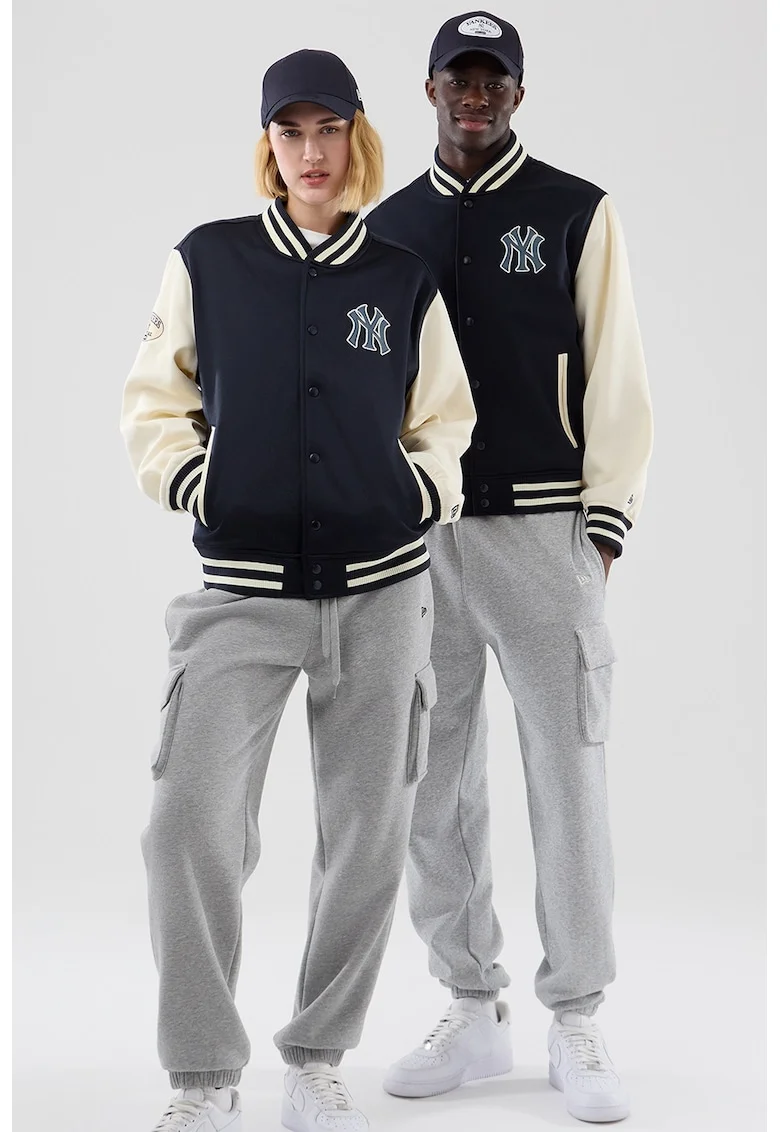 Jacheta bomber unisex cu maneci contrastante, Alb murdar/Bleumarin