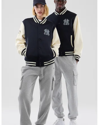 Jacheta bomber unisex cu maneci contrastante, Alb murdar/Bleumarin